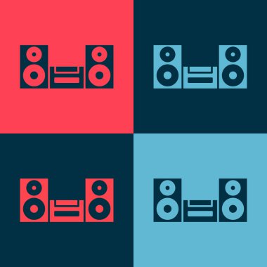 Pop Art Home müzik seti ve iki hoparlör ikonu renkli arka planda izole edilmiş. Müzik sistemi. Vektör.