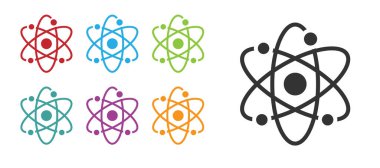 Siyah Atom simgesi beyaz arkaplanda izole edildi. Bilimin, eğitimin, nükleer fiziğin, bilimsel araştırmaların sembolü. Simgeleri renklendirin. Vektör.