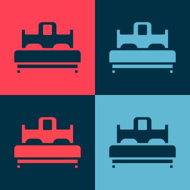 Pop sanat yatak odası simgesi renk arkaplanında izole edilmiş. Düğün, aşk, evlilik sembolü. Balayı koleksiyonundan yatak odası yaratıcı ikonu. Vektör.