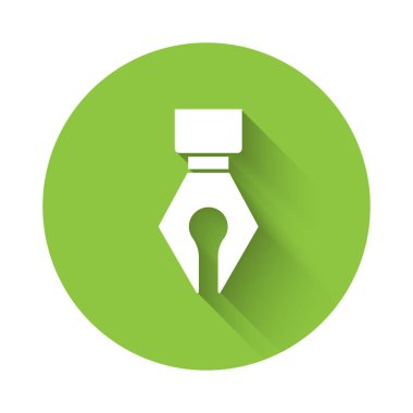 Beyaz Çeşme kalem ucu simgesi uzun gölgeli izole edilmiş. Kalem aleti işareti. Yeşil daire düğmesi. Vektör.