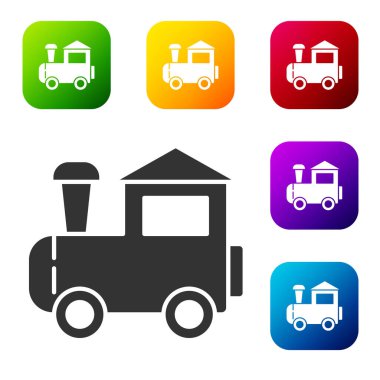 Siyah oyuncak tren ikonu beyaz arkaplanda izole edildi. Renkli kare düğmelerle simgeleri ayarla. Vektör.