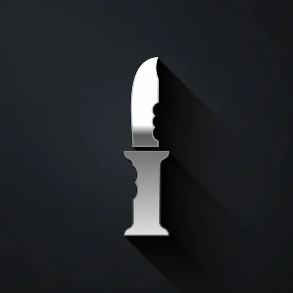 Icône Couteau Militaire Argent Isolé Sur Fond Noir Style Ombre — Image vectorielle