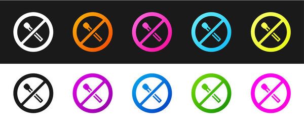 Set No fire match icon isolated on black and white background. No open flame. Burning match crossed in circle.  Vector.
