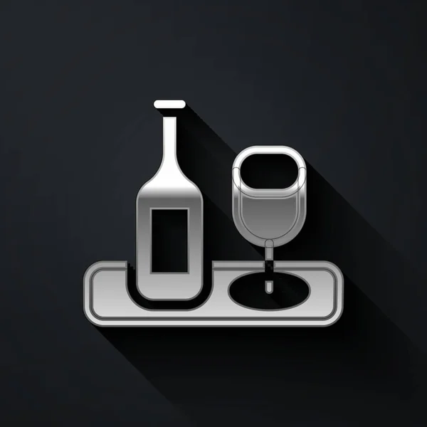 Bouteille Vin Argent Avec Icône Verre Isolé Sur Fond Noir — Image vectorielle