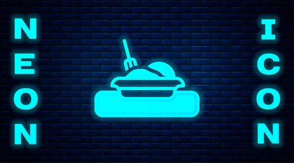 发光的霓虹灯板 叉子和刀图标隔离在砖墙背景 餐具的象征 餐厅标志 — 图库矢量图片