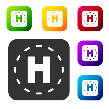 Siyah helikopter iniş pisti simgesi beyaz arka planda izole edildi. Helikopter pisti, alan, platform, H harfi. Renkli kare düğmelerle simgeleri ayarla. Vektör.