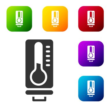 Siyah Meteoroloji termometresi beyaz zeminde izole edilmiş ısı ve soğuk ikonu ölçüyor. Termometre termometresi sıcak ya da soğuk hava gösteriyor. Renkli kare düğmelerle simgeleri ayarla. Vektör.