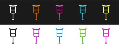 Siyah ve beyaz arkaplanda izole edilmiş koltuk değneği veya koltuk değneği simgesi ayarla. Kas iskeleti hastalığı olan insanların rehabilitasyonu için gerekli ekipman. Vektör.