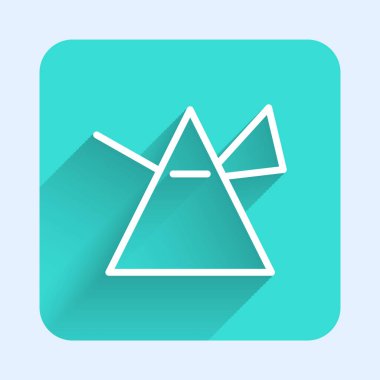 Prizma ikonundaki beyaz çizgi ışığı uzun gölgeli izole edilmiş. Cam prizmada gökkuşağı spektrum dağılımı optik etkisi. Yeşil kare düğmesi. Vektör İllüstrasyonu.