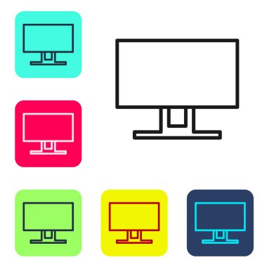 Siyah çizgi Akıllı TV simgesi beyaz arkaplanda izole edildi. Televizyon tabelası. Renkli kare düğmelerle simgeleri ayarla. Vektör İllüstrasyonu.