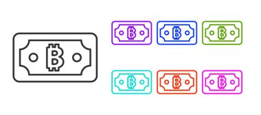 Siyah çizgi kripto para birimi bitcoin simgesi beyaz arkaplanda izole edildi. Engelleme teknolojisi, dijital para piyasası. Simgeleri renklendirin. Vektör.
