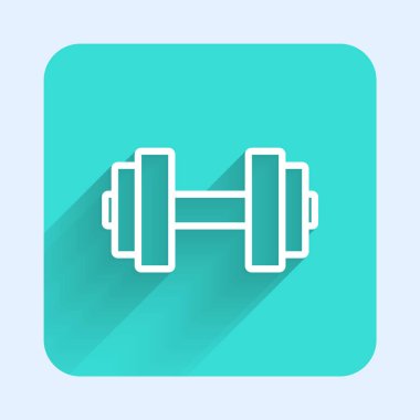 Beyaz çizgi Dumbbell simgesi uzun gölgeli izole edilmiş. Kas kaldırma ikonu, fitness halteri, spor aletleri, egzersiz yaban domuzu. Yeşil kare düğmesi. Vektör.