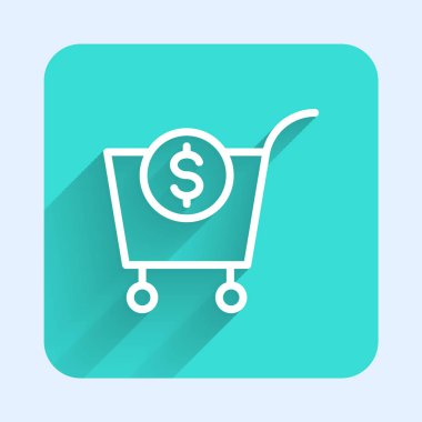 Beyaz çizgi alışveriş arabası ve dolar sembolü uzun gölgeli izole edilmiş. İnternetten satın alma konsepti. Teslimat servisi. Süpermarket sepeti. Yeşil kare düğmesi. Vektör.