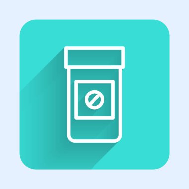 Beyaz çizgi spor doping, uzun gölgeli anabolik uyuşturucu ikonu. Anabolik steroid tableti. Haplar kavanozda. Yeşil kare düğmesi. Vektör.