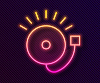 Parlayan neon hattı alarm zili simgesi siyah arkaplanda izole edildi. Yangın alarmı. Servis zili, el zili işareti, uyarı sembolü. Vektör.