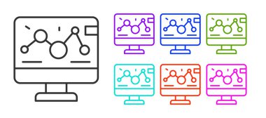 Laptop simgesindeki siyah çizgi genetik mühendisliği modifikasyonu beyaz arka planda izole edildi. DNA analizi, genetik testler, klonlama. Simgeleri renklendirin. Vektör.