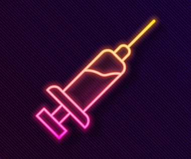 Siyah zemin üzerinde serum simgesi olan parlak neon çizgisi şırıngası. Aşı için şırınga, aşı, iğne, grip aşısı. Tıbbi ekipman. Vektör.