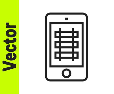 Siyah Hat Online bilet rezervasyonu ve uygulama arayüzü simgesi satın alma beyaz arka planda izole edildi. E-bilet siparişi. Elektronik tren bileti ekranda. Vektör.