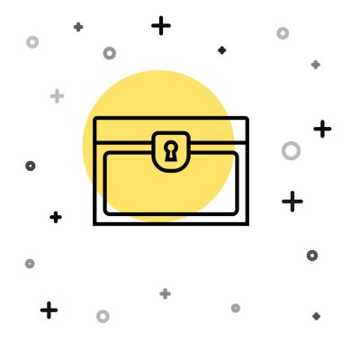 Siyah çizgi antika hazine sandığı resmi beyaz arka planda izole edilmiş. Altın sikkeli klasik tahta sandık. Rastgele dinamik şekiller. Vektör.