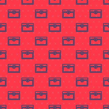 Mavi çizgi antika hazine sandığı simgesi kırmızı arka planda pürüzsüz desen izole etti. Altın sikkeli klasik tahta sandık. Vektör.