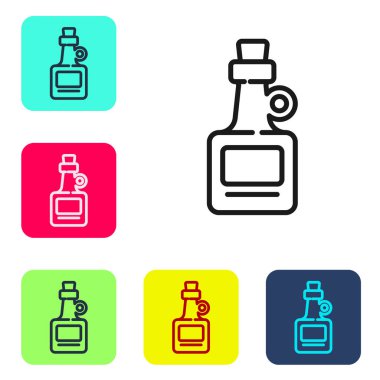 Siyah çizgili alkol, beyaz arka planda izole edilmiş rom şişesi ikonu. Renkli kare düğmelerle simgeleri ayarla. Vektör.