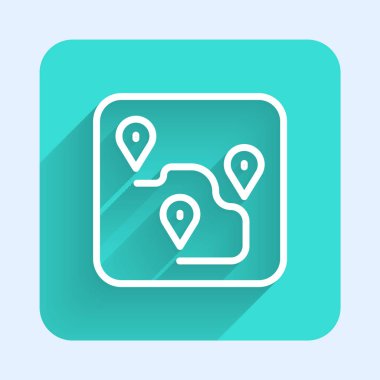 Beyaz çizgi rota simgesi uzun gölgeli izole edildi. Harita işaretçisi işareti. Yol ya da yol kavramı. GPS navigatörü. Yeşil kare düğmesi. Vektör.