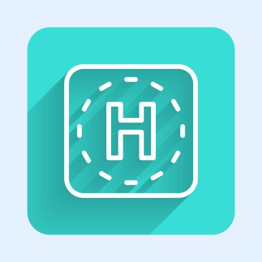 Beyaz çizgi helikopter iniş pisti ikonu uzun gölgeli izole edildi. Helikopter pisti, alan, platform, H harfi. Yeşil kare düğmesi. Vektör.