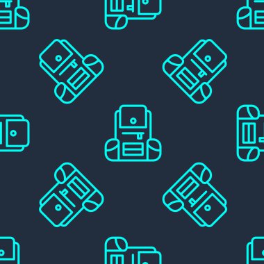 Yeşil çizgi Yürüyüş sırt çantası simgesi mavi arkaplanda izole edilmiş pürüzsüz desen. Kamp ve dağ gezisi sırt çantası. Vektör.