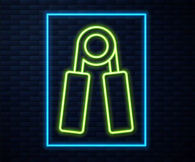 Parlayan neon hattı spor genişletici simgesi tuğla duvar arka planında izole edildi. Spor malzemeleri. Vektör.