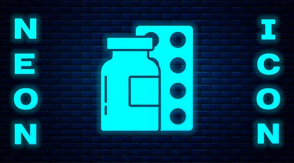 Gloeiende Neon Pillen Blisterverpakking Pictogram Geïsoleerd Baksteen Muur Achtergrond Medicijnpakket — Stockvector