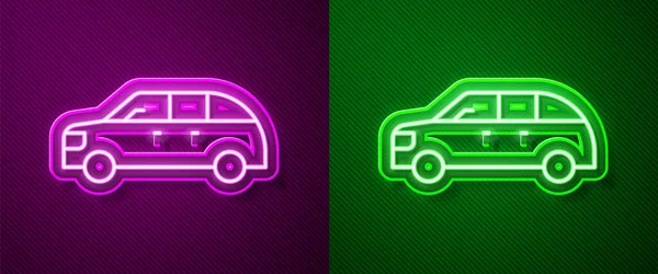 Glödande Neon Linje Hatchback Bil Ikon Isolerad Lila Och Grön — Stock vektor