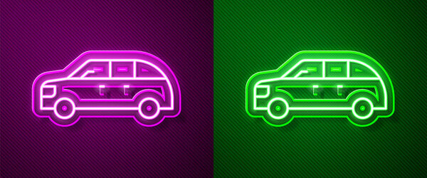 Glowing neon line Hatchback car icon isolated on purple and green background.  Vector.