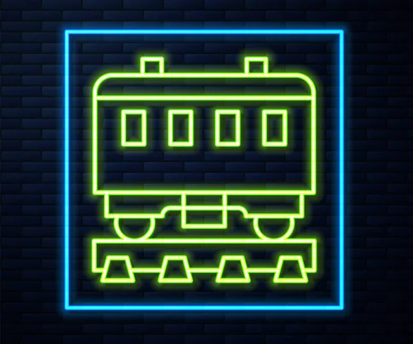 Glowing Neon Line Passenger Train Cars Icon Isolated Brick Wall — Stock Vector