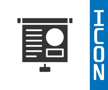 Grafik, çizelge, çizelge, diyagram, bilgi grafiği ve beyaz arkaplanda izole edilmiş pasta grafik simgesi içeren gri sunum tahtası. Vektör İllüstrasyonu.