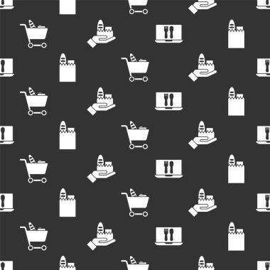 Çevrimiçi sipariş ve teslimat, alışveriş çantası ve yemek, alışveriş arabası ve yemek ve online sipariş ve teslimatı kusursuz bir şekilde ayarlayın. Vektör.