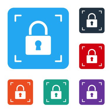 Beyaz arka planda kilit simgesi olan beyaz parmak izi. Kimlik uygulaması simgesi. Kimlik işareti. Kimliğe dokun. Renkli kare düğmelerle simgeleri ayarla. Vektör.