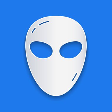 Kağıt kesiği Uzaylı simgesi mavi arkaplanda izole edildi. Uzaylı yüzü ya da kafa sembolü. Kağıt sanatı tarzı. Vektör.