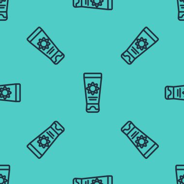 Yeşil arka planda siyah çizgi güneş kremi ve tüp simgesi izole edilmiş pürüzsüz desen. Cilt için güneş ultraviyole ışığından koruma. Vektör İllüstrasyonu.