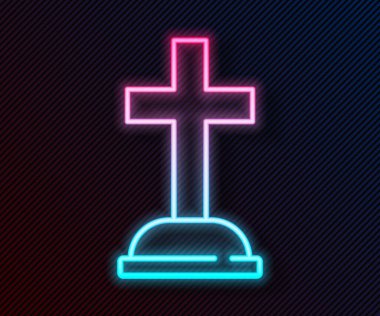 Siyah zemin üzerinde çapraz simge olan parlak neon çizgisi Tombstone. Mezar ikonu. Vektör.