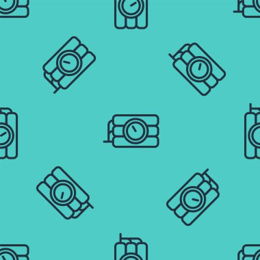 Siyah hat dinamit bomba çubuğu ve zamanlayıcı ikonu yeşil arka planda izole edilmiş pürüzsüz desen. Saatli bomba - patlama tehlikesi kavramı. Vektör.