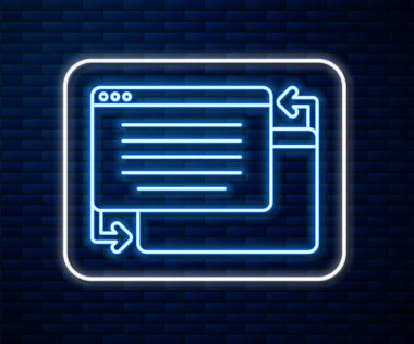 Parlayan neon çizgisi UI ya da UX tasarım simgesi tuğla duvar arka planında izole edildi. Vektör.
