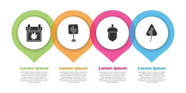 Takvimi sonbahar yaprakları, ağaç, meşe palamudu ve yapraklarla ayarla. Ticari bilgi şablonu. Vektör.