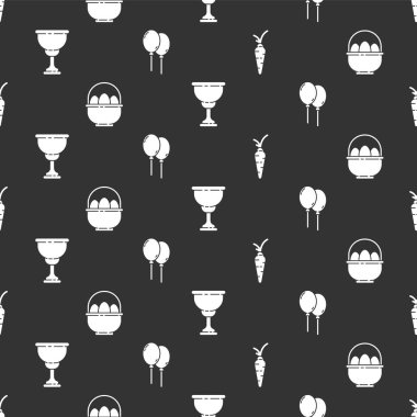 Havuç, Paskalya yumurtalı sepet, Hıristiyan kadehi ve kurdeleli balonlar. Vektör.