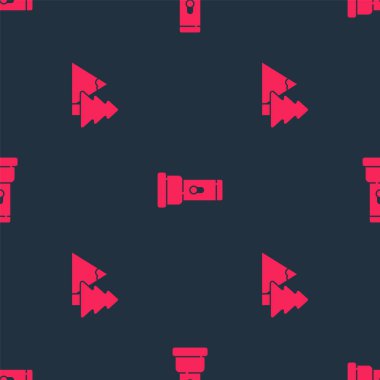 Ağaç ve el feneriyle dağları kusursuz desenlere ayarlayın. Vektör.