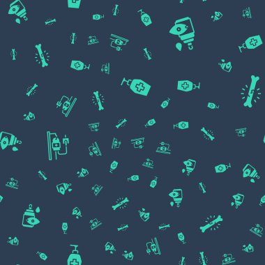 Sıvı antibakteriyel sabun, göz damlası şişesi, serum torbası ve kemik ağrısını pürüzsüz desene ayarlayın. Vektör.