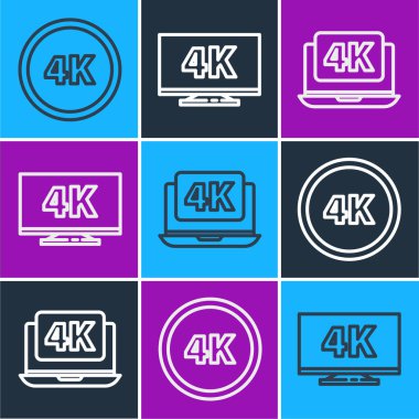 Satır 4k Ultra HD, dizüstü bilgisayar 4k video ve ekran televizyon 4k simgesi. Vektör.