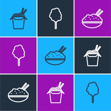 Sıraya dizilmiş Asya erişteleri, çubuklar, kasede pilav ve pamuk helva ikonu. Vektör.