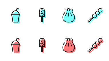 Khinkali 'yi kesim tahtası, milkshake, dondurma ve köfte çubuğu ikonuna yerleştir. Vektör.