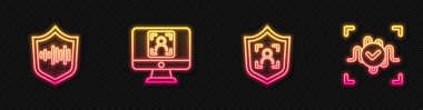 Kalkan yüz tanıma, ses, yüz ve ses ayarlayın. Parlayan neon ikonu. Vektör.