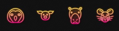 Hippo ya da Hippopotamus, Baykuş, Domuz ve Sıçan kafası. Parlayan neon ikonu. Vektör.